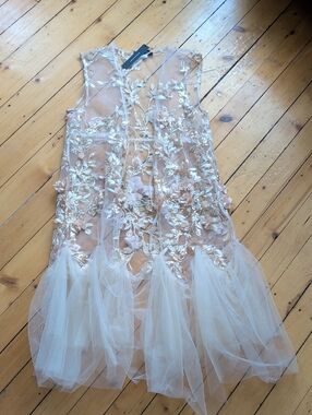 BCBG Maxazria Champagne Floral Applique Tulle Party Dress Cover, OS